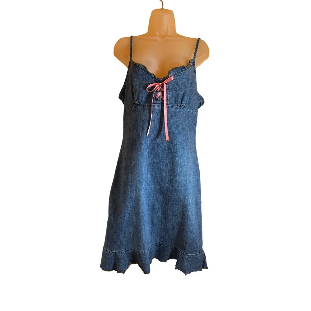 Star City Vintage Y2K Denim Mini Dress Blue Pink Ribbon Ruffle Hem Size 9